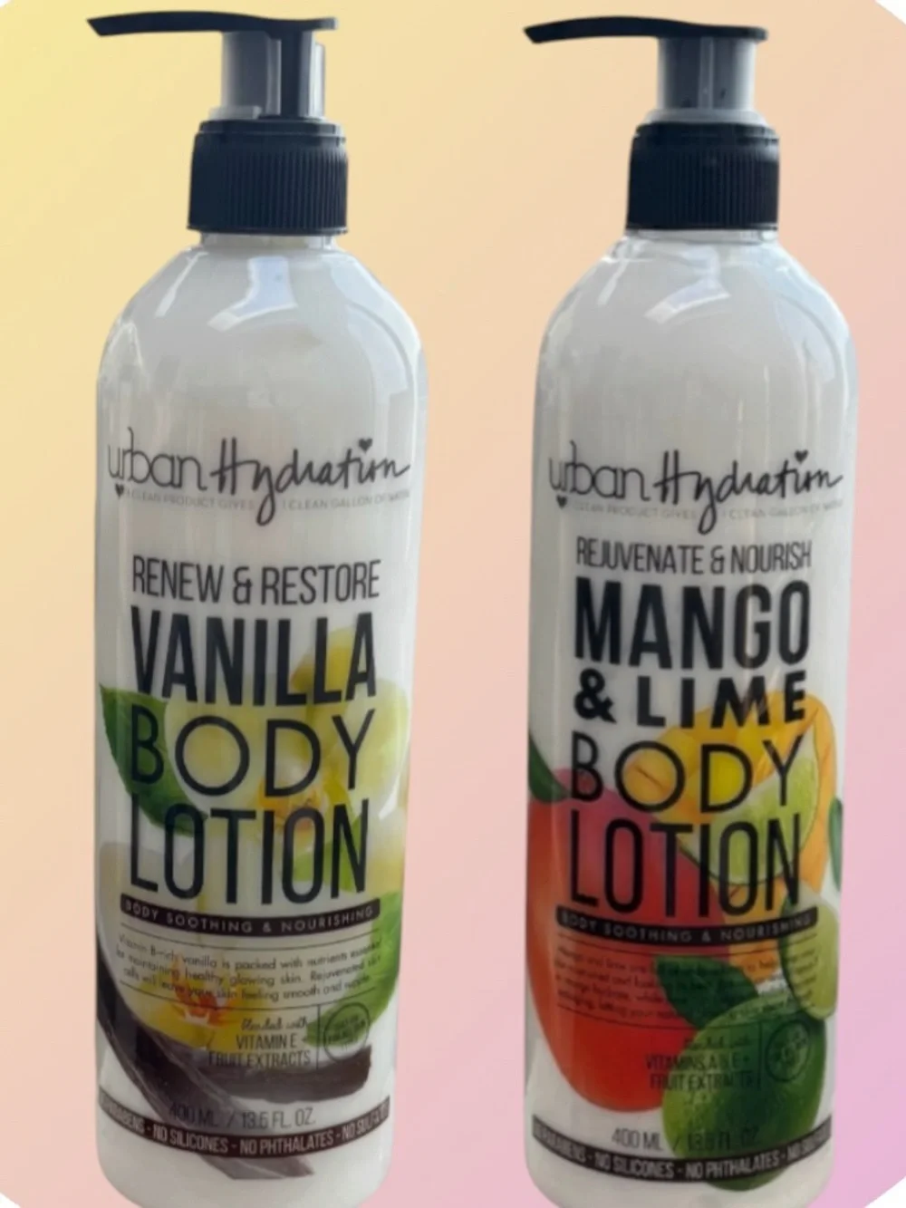 Urban Hydration Body Lotion Vanilla & Mango Lime Rejuvenate Nourish NEW 2 Pc Set